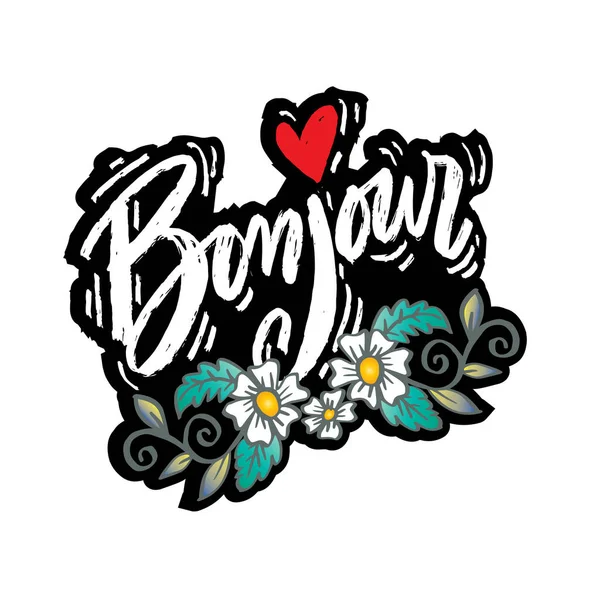 Bonjour Letras Con Flor Tarjeta Felicitación — Vector de stock