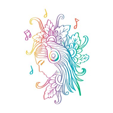 Kulaklıkla müzik dinleyen tatlı kız. El çizimi çizimi. 