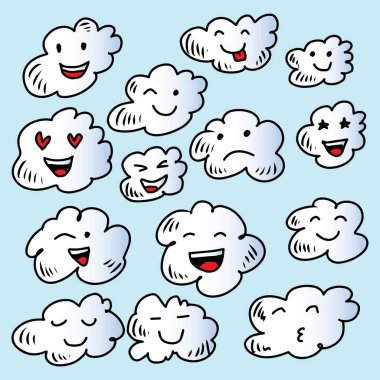 Farklı duygularda bir dizi şirin çizgi film bulutu. Tasarımınız için vektör illüstrasyonu