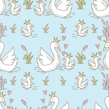 Kuğu ailesinin kusursuz desenli taçları ve çiçekleri. Vektör illüstrasyonu.