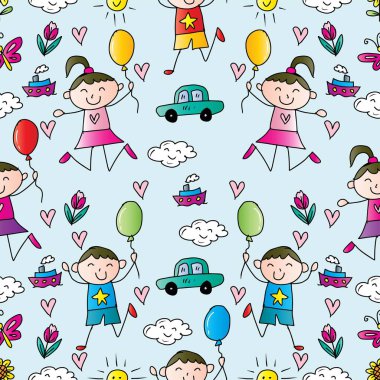 Mutlu çocuklar, balonlar, arabalar ve çiçeklerle kusursuz bir düzen. Vektör illüstrasyonu.