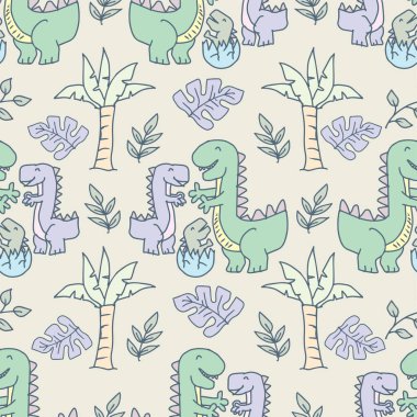 Dinozorlar ve tropikal bitkilerle kusursuz bir düzen. Vektör illüstrasyonu.