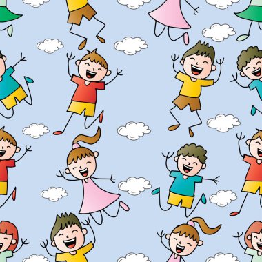 Bulutların arasında zıplayan neşeli çocuklarla kusursuz bir düzen. Şirin çizgi film vektör illüstrasyonu.