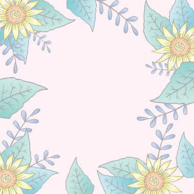 Çiçekli arka plan, ayçiçekleri ve yaprakları var. Vektör illüstrasyonu.