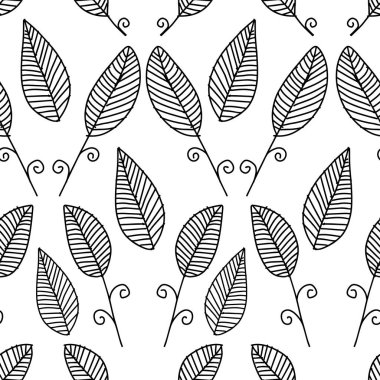 Elle çizilmiş yapraklarla kusursuz desen. Siyah ve beyaz. Vektör illüstrasyonu.