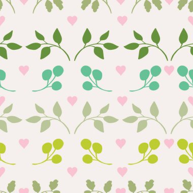 Yaprakları ve kalpleri olan kusursuz çiçek deseni. Vektör illüstrasyonu.