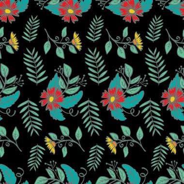 Siyah arka planda yaprakları ve çiçekleri olan kusursuz bir desen..