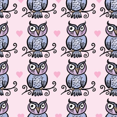 Baykuşlar ve kalplerle kusursuz desen. Vektör illüstrasyonu.