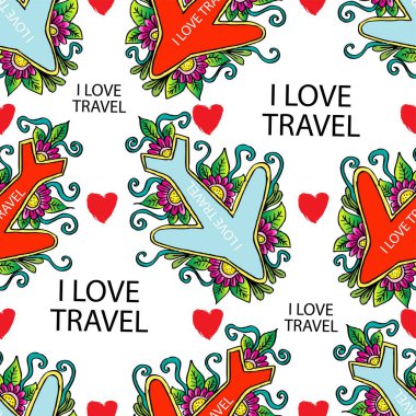 Harflerle kusursuz desen. Seyahat etmeyi seviyorum. Vektör illüstrasyonu