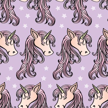 Tek boynuzlu atlar ve yıldızlarla kusursuz bir desen. Vektör illüstrasyonu.