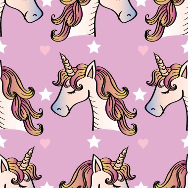 Tek boynuzlu atlar ve yıldızlarla kusursuz bir desen. Vektör illüstrasyonu.