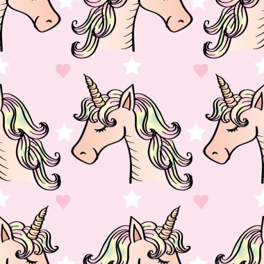 Tek boynuzlu atlar ve yıldızlarla kusursuz bir desen. Vektör illüstrasyonu.