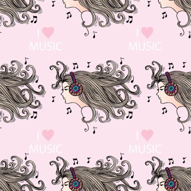 Şirin bir kızla kusursuz bir düzen ve müzik harflerine bayılırım. Vektör illüstrasyonu.