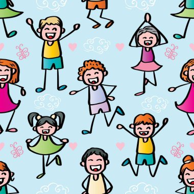 Mutlu çocuklarla kusursuz bir düzen. Çizgi film tarzında vektör illüstrasyonu.