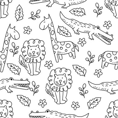 Siyah beyaz çizgi filmlerdeki sevimli hayvanlarla kusursuz bir desen. Vektör illüstrasyonu
