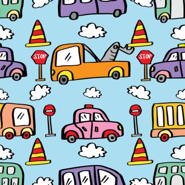 Arabalar ve trafik işaretleriyle kusursuz desen. Vektör illüstrasyonu.