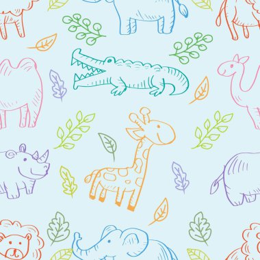 Sevimli el çizimi hayvanlarla kusursuz desen..