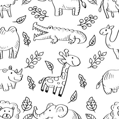 Elle çizilmiş hayvanlarla siyah ve beyaz desenli..