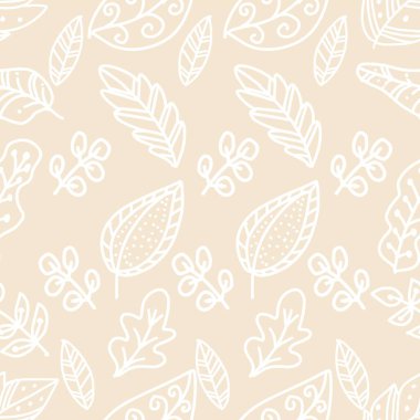 Bej arka planda karalama yaprakları olan kusursuz desen. El çizimi vektör illüstrasyonu.