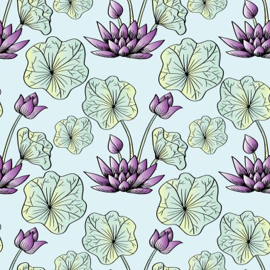 Lotus çiçek ve yaprakları ile Seamless modeli. Vektör çizim.