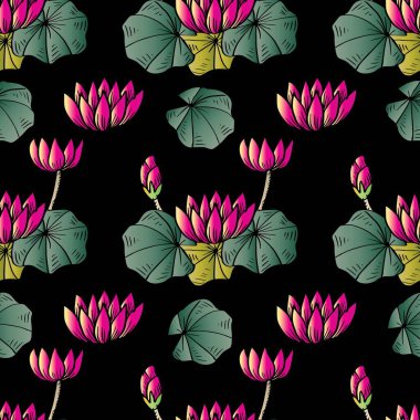 Siyah arka planda nilüfer çiçekleri olan kusursuz bir desen. Vektör illüstrasyonu.