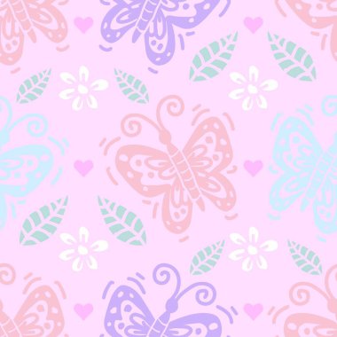 Pembe arka planda kelebekleri, kalpleri ve çiçekleri olan kusursuz vektör deseni.