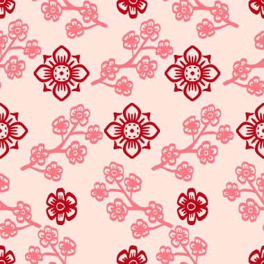 Bej arkaplanda kiraz çiçekleri olan kusursuz desen.