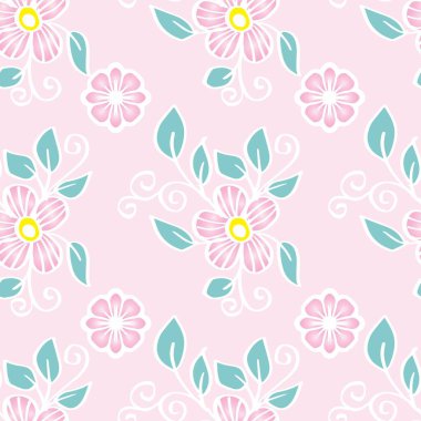 Kusursuz desenli çiçekler ve açık pembe arka planda yapraklar.