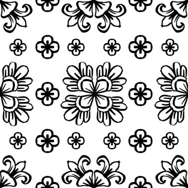 Dekoratif çiçeklerle kusursuz desen. Siyah beyaz arkaplan.