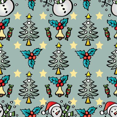 Kardan adam, kutsal dut, Noel ağacı ve ökseotuyla kusursuz bir desen..