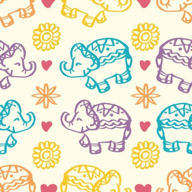 Şirin filleri ve çiçekleri olan kusursuz bir desen. vektör illüstrasyonu.