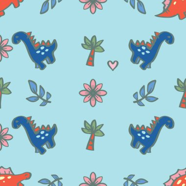 Şirin dinozorlar ve çiçeklerle kusursuz bir desen. Vektör illüstrasyonu.