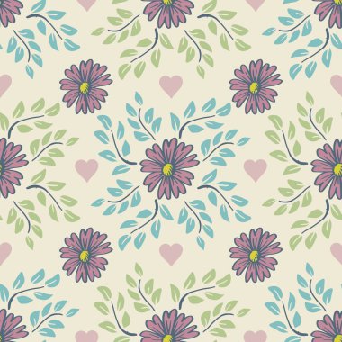 Dekoratif çiçekler ve kalplerle kusursuz desen. Vektör illüstrasyonu.