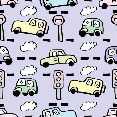 Elle çizilmiş arabalar ve trafik ışıklarıyla kusursuz bir desen. Vektör illüstrasyonu.