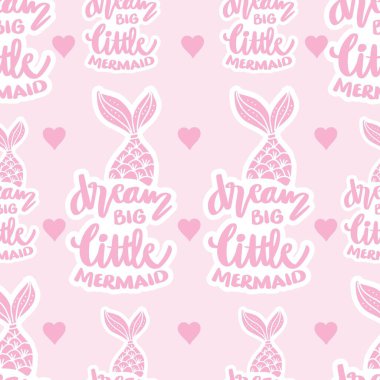 Şirin deniz kızı kuyruğu ve rüyasında büyük bir deniz kızı olan kusursuz bir desen. Vektör illüstrasyonu.