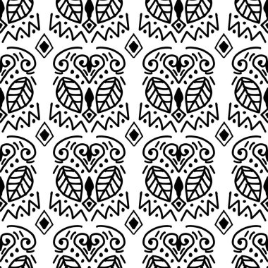 Elle çizilmiş etnik yaprak ve girdap ile kusursuz desen. Etnik kökenli. Siyah ve beyaz.