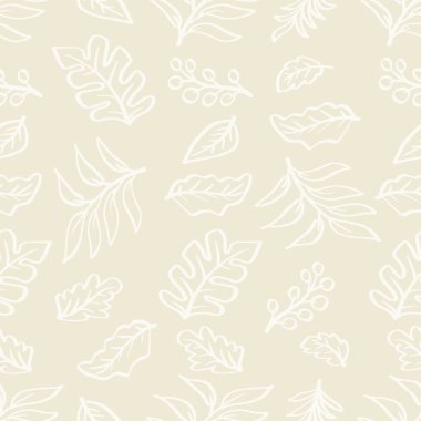 Yapraklı kusursuz desen. El çizimi vektör çizimi. Doodle tarzı. Bej bvackground.
