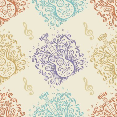 Seamless pattern with musical instruments. Beige background. Hand drawn vector illustration.