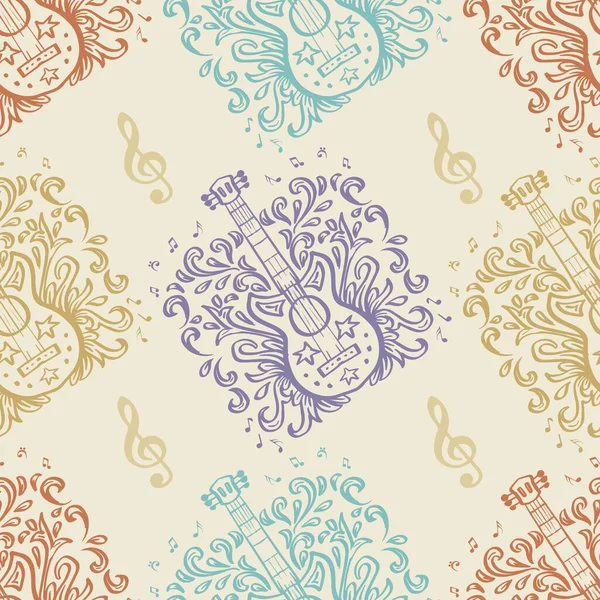Seamless pattern with musical instruments. Beige background. Hand drawn vector illustration.