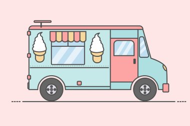 Vektör çizim renkli dondurma kamyonu. Yan görünüm, izole.