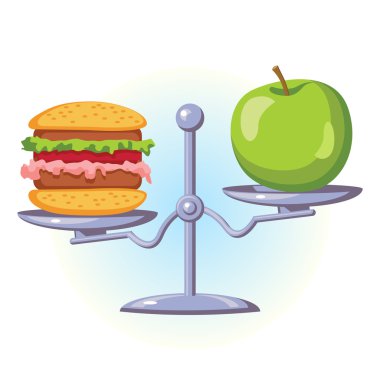 Beslenme seçim ve diyet. Fast food bir ölçekte diğer tarafında bir yeşil elma değil.
