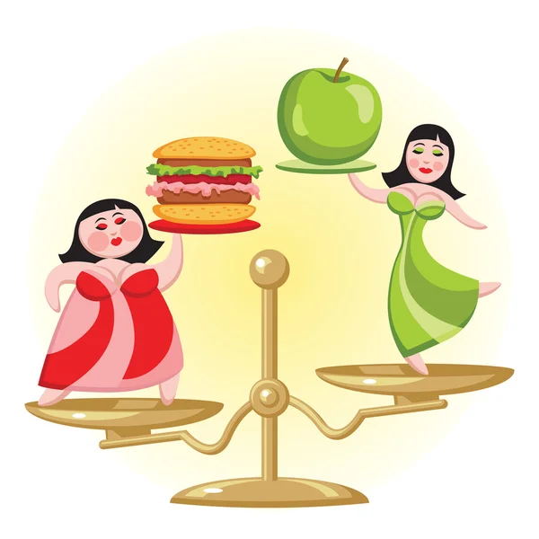 Beslenme seçim ve diyet. İki kadın ölçekler üzerinde durmak. Bir elma, elinde başka bir hamburger.