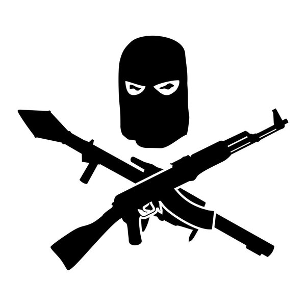 Silhouette of man's head wearing a mask underneath the weapon