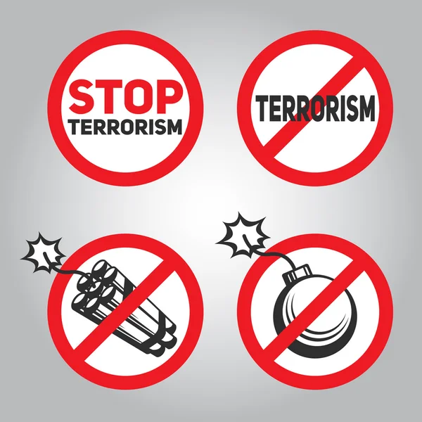 İçki yasağı işaretiyle metin "Dur terörizm," bir dinamit ve bomba. — Stok Vektör