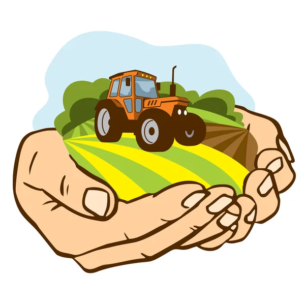 Een stuk land met een tractor in de handpalmen — Stockvector