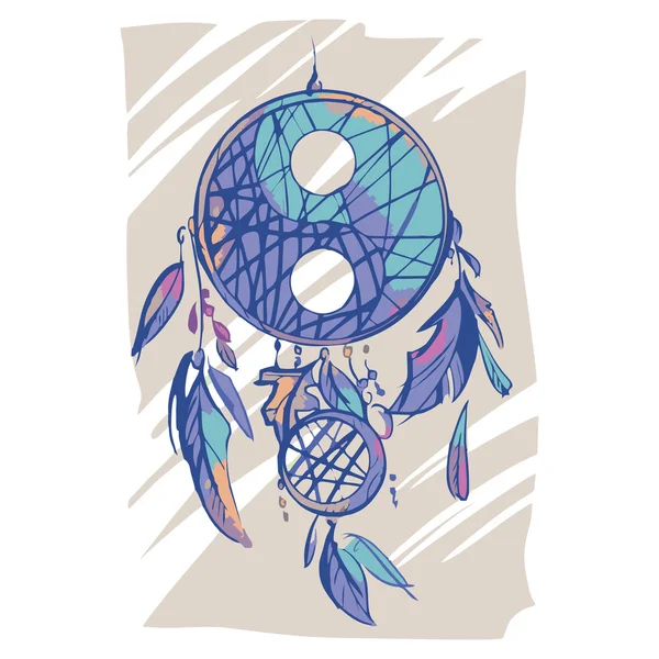 Kézzel rajzolt dreamcatcher, tollak és a Yin-Yang szimbólum. Etnikai illusztráció, amerikai indiánok tradicionális szimbólum. Színes álmai catcher. — Stock Vector