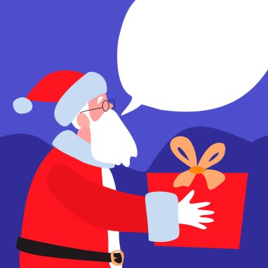 Noel Baba 'nın elinde bir hediye var, üstünde de bir sohbet balonu. Çizgi filmlerdeki gibi düz çizim. Noel.