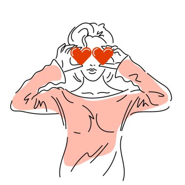 Kız elinde bir kalp tutuyor. Aşk gibi. Modern kadın silueti çizimleri. Renkli noktalar ve semboller. El çizimi vektör çizimi çizimi. Beyazda izole edilmiş. Asgari.
