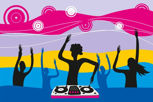 Adam DJ konsolunun arkasında. Disko kulübü, parti. Müzikle dans eden insanların siluetleri. Düz grafikler.