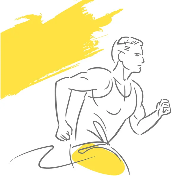 Fitness adamı gri ve sarı renklerde koşar. Bir erkek siluetinin ana hatları. El çizimi taslak çizimi. Beyazda izole edilmiş.